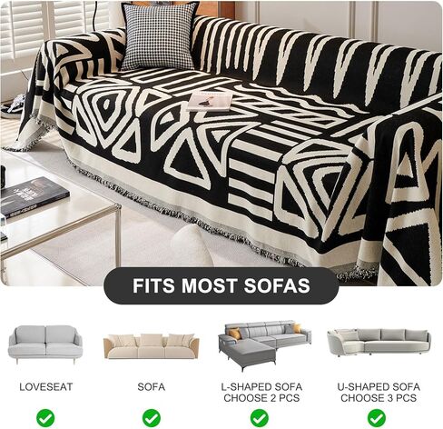 STACYPIK Modern Boho Sofa Cover for Dogs Chenille Couch Cover with Tassels Reversible Anti Slip Sofa Slipcover for 3 Cushion Couch Soft Black Beige L Shaped Cover Multi-Use Throw Blankets-71X134IN in Kuwait