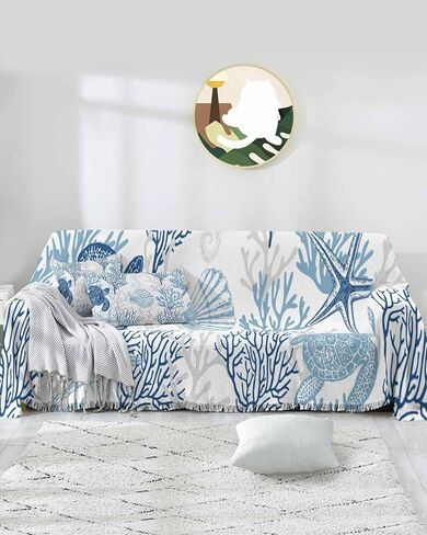 Turquoise Grey Coastal Coral Sofa Covers for 3 Cushion Couch,Washable Sectional & L Shape Couch Covers for Dogs/Cats,Ocean Nautical Summer Beach Turtle Non Slip Sofa Slipcover Futon Cover 71x150 in Saudi Arabia