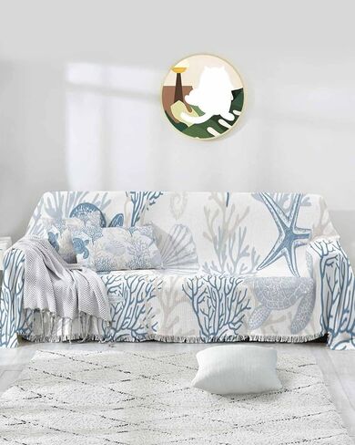 Turquoise Grey Coastal Coral Sofa Covers for 3 Cushion Couch,Washable Sectional & L Shape Couch Covers for Dogs/Cats,Ocean Nautical Summer Beach Turtle Non Slip Sofa Slipcover Futon Cover 71x150 in Saudi Arabia