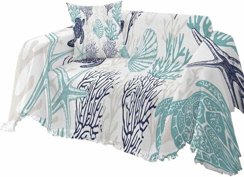 Turquoise Grey Coastal Coral Sofa Covers for 3 Cushion Couch,Washable Sectional & L Shape Couch Covers for Dogs/Cats,Ocean Nautical Summer Beach Turtle Non Slip Sofa Slipcover Futon Cover 71x150 in Saudi Arabia