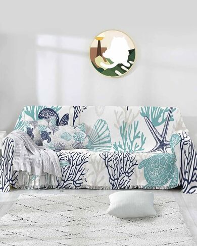 Turquoise Grey Coastal Coral Sofa Covers for 3 Cushion Couch,Washable Sectional & L Shape Couch Covers for Dogs/Cats,Ocean Nautical Summer Beach Turtle Non Slip Sofa Slipcover Futon Cover 71x150 in Saudi Arabia