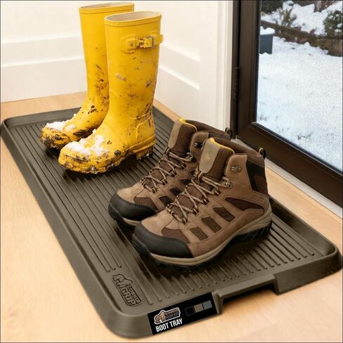 GORILLA GRIP Natural Rubber Indoor Outdoor Boot Tray for Shoes, 32x16 Waterproof Winter Mat with Raised Edges Handles Tear Resistant Heavy Duty Home Garage Floor Mats Easy Clean Shoe Trays Taupe Brown in Kuwait
