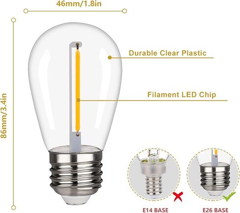 Shatterproof & Waterproof S14 String Light Bulbs-Equivalent to 10 W, S14 led Bulb fits for Commercial Outdoor Patio Garden Vintage Lights, E26 Base 2200K CRI>90,70LM,Warm White(15 Pack) in Kuwait