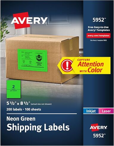 Avery Neon Shipping Labels لطابعات الليزر ، 5-1/2 "× 8-1/2" ، 200 ملصقات وردية (5948) in Saudi Arabia