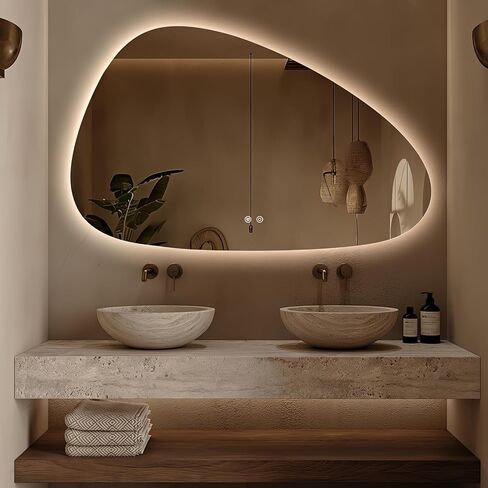 Niccy Irregular LED Bathroom Mirror, 30"x48" Asymmetrical Backlit Vanity Wall Mirrors, Light up Mirrors for Bedroom, Living Room, Modern Smart-Mirror with Anti-Fog, Dimmable, Memory Function in Kuwait