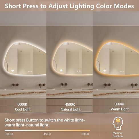 Niccy Irregular LED Bathroom Mirror, 30"x48" Asymmetrical Backlit Vanity Wall Mirrors, Light up Mirrors for Bedroom, Living Room, Modern Smart-Mirror with Anti-Fog, Dimmable, Memory Function in Kuwait