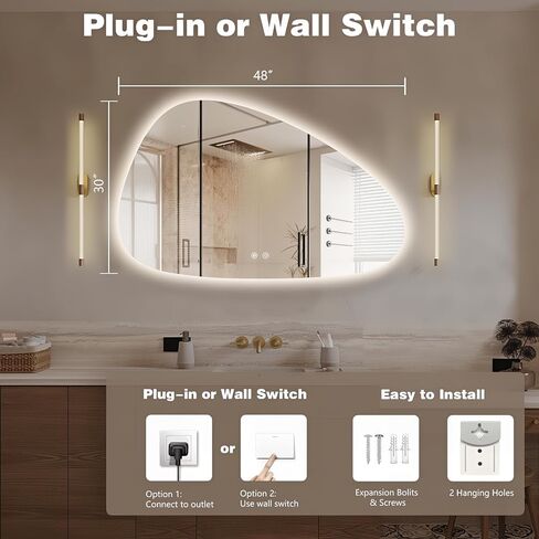 Niccy Irregular LED Bathroom Mirror, 30"x48" Asymmetrical Backlit Vanity Wall Mirrors, Light up Mirrors for Bedroom, Living Room, Modern Smart-Mirror with Anti-Fog, Dimmable, Memory Function in Kuwait