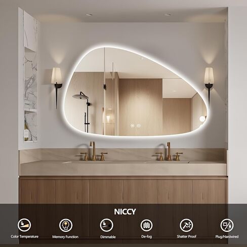 Niccy Irregular LED Bathroom Mirror, 30"x48" Asymmetrical Backlit Vanity Wall Mirrors, Light up Mirrors for Bedroom, Living Room, Modern Smart-Mirror with Anti-Fog, Dimmable, Memory Function in Kuwait