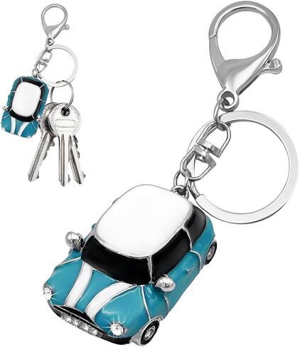 Car Model Rhinestone Keychain, 3D Creative Detail Automotive Keychain with Ring, Cute Rhinestone Key Fob Holder (White+Lake Blue) in Kuwait