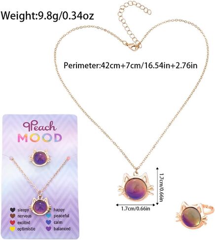 KZL Temperature Sensing Color Changing Mood Necklace Ring Set Cute Cat Unicorn Round Love Heart Shape Pendant Necklace Open Rings with Card for Women Couple Friendship Jewelry Gifts in Kuwait