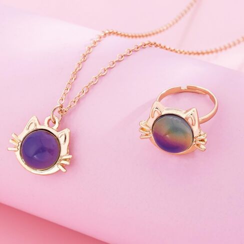 KZL Temperature Sensing Color Changing Mood Necklace Ring Set Cute Cat Unicorn Round Love Heart Shape Pendant Necklace Open Rings with Card for Women Couple Friendship Jewelry Gifts in Kuwait