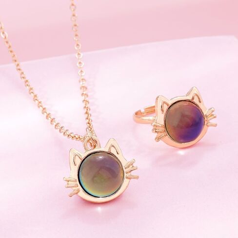 KZL Temperature Sensing Color Changing Mood Necklace Ring Set Cute Cat Unicorn Round Love Heart Shape Pendant Necklace Open Rings with Card for Women Couple Friendship Jewelry Gifts in Kuwait