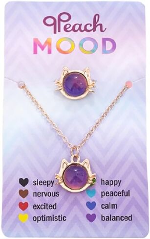 KZL Temperature Sensing Color Changing Mood Necklace Ring Set Cute Cat Unicorn Round Love Heart Shape Pendant Necklace Open Rings with Card for Women Couple Friendship Jewelry Gifts in Kuwait