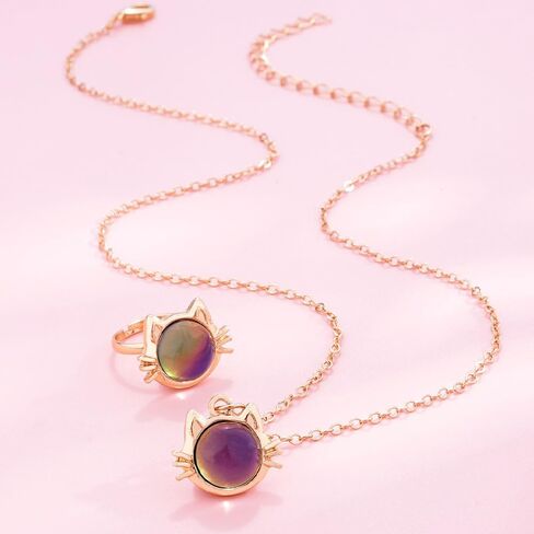 KZL Temperature Sensing Color Changing Mood Necklace Ring Set Cute Cat Unicorn Round Love Heart Shape Pendant Necklace Open Rings with Card for Women Couple Friendship Jewelry Gifts in Kuwait