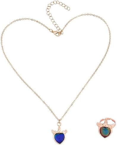 KZL Temperature Sensing Color Changing Mood Necklace Ring Set Cute Cat Unicorn Round Love Heart Shape Pendant Necklace Open Rings with Card for Women Couple Friendship Jewelry Gifts in Kuwait