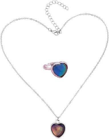 KZL Temperature Sensing Color Changing Mood Necklace Ring Set Cute Cat Unicorn Round Love Heart Shape Pendant Necklace Open Rings with Card for Women Couple Friendship Jewelry Gifts in Kuwait