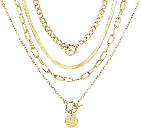 Vintage Gold Layered Necklaces for Women Trendy, Chunky Cuban Link Paperclip Chains Necklace Stack, Lock Coin Pearl Pendant Necklace Set Jewelry Gifts in Kuwait