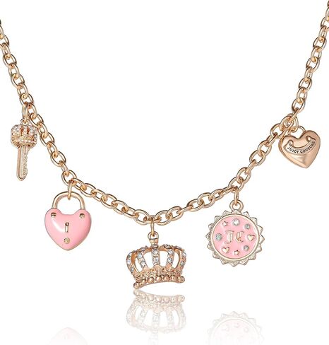 Juicy Couture Charm Necklace for Women, 16-18"+2" Gold-Tone Necklace Juicy Logo Charms with Pink Enamel and Clear Crystals in Saudi Arabia
