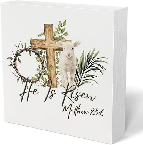 Christian Easter Decor,He Is Risen Tabletop Decorations Rustic Lamb Cross Wooden Sign Easter Decorations for Kitchen Bathroom Home Office Desk Tiered Tray Dining Decor,5×5 Inch in Saudi Arabia