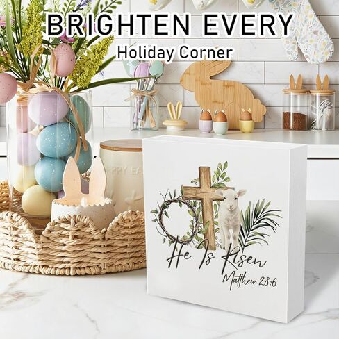 Christian Easter Decor,He Is Risen Tabletop Decorations Rustic Lamb Cross Wooden Sign Easter Decorations for Kitchen Bathroom Home Office Desk Tiered Tray Dining Decor,5×5 Inch in Saudi Arabia