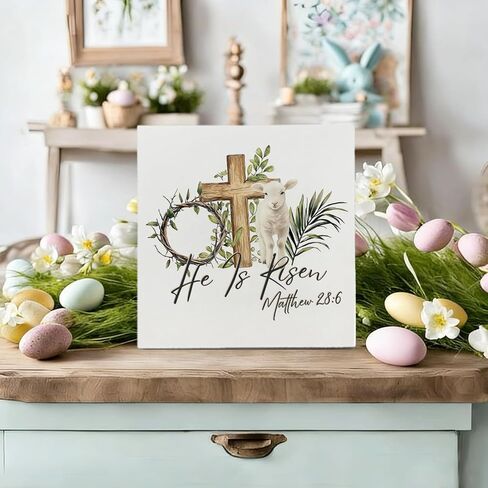 Christian Easter Decor,He Is Risen Tabletop Decorations Rustic Lamb Cross Wooden Sign Easter Decorations for Kitchen Bathroom Home Office Desk Tiered Tray Dining Decor,5×5 Inch in Saudi Arabia