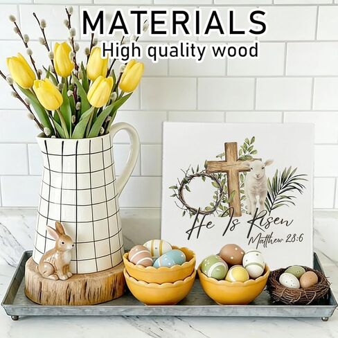 Christian Easter Decor,He Is Risen Tabletop Decorations Rustic Lamb Cross Wooden Sign Easter Decorations for Kitchen Bathroom Home Office Desk Tiered Tray Dining Decor,5×5 Inch in Saudi Arabia