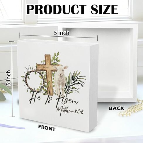 Christian Easter Decor,He Is Risen Tabletop Decorations Rustic Lamb Cross Wooden Sign Easter Decorations for Kitchen Bathroom Home Office Desk Tiered Tray Dining Decor,5×5 Inch in Saudi Arabia