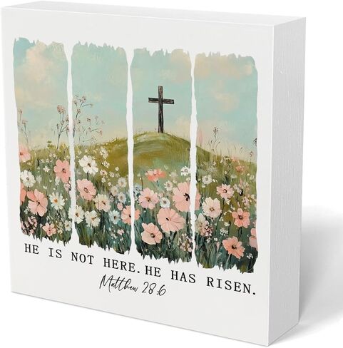 Christian Easter Decor,He Is Risen Tabletop Decorations Rustic Lamb Cross Wooden Sign Easter Decorations for Kitchen Bathroom Home Office Desk Tiered Tray Dining Decor,5×5 Inch in Saudi Arabia