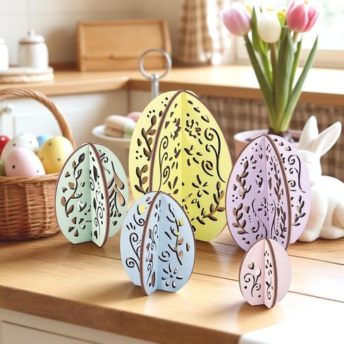 Large Easter Egg Table Centerpiece Set, 5PCS 3D Wooden Pastel Egg Decor, Laser Cut Freestanding Easter Decorations for Shelf, Mantel, Spring Home in Kuwait