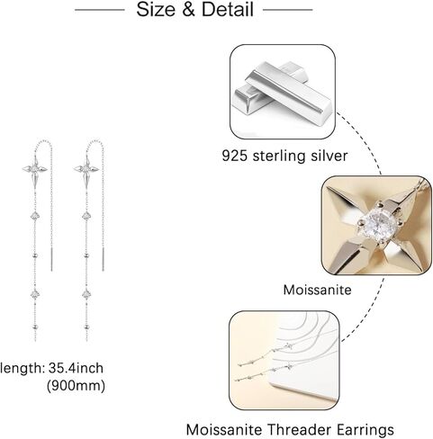 Moissanite Threader Earrings for Women - 925 Sterling Silver 0.6CT 3.0mm Moissanite Dangle Drop Earrings Long Chain Earrings Jewelry Gifts in Saudi Arabia