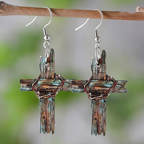 Cross Earrings Wooden Cross Boho Earrings for Women Vintage Bohemian Patriotic Jeweley Unique Gifts for Women Trendy in Saudi Arabia