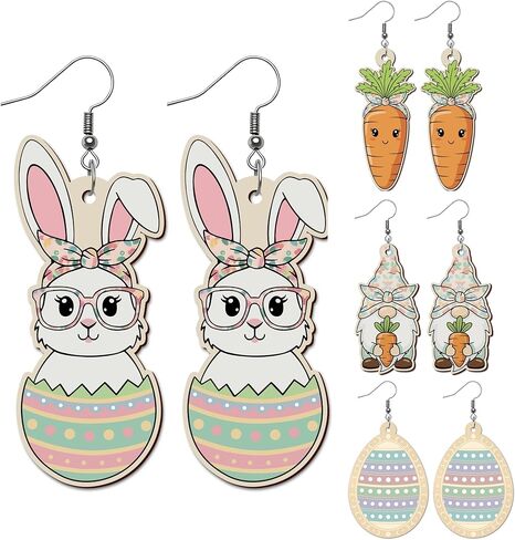 Colorful Easter Rabbit Wooden Dangle Earrings, Cute Handmade Lightweight Bunny Drop Earrings for Women, Girls, Teens, Festive Spring Jewelry for Easter, Parties, Gifts, Egg Hunt Outfit in Saudi Arabia