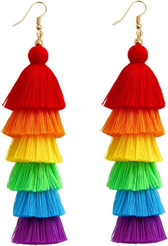 Rainbow Pride Earrings for Women Handmade Layered Long Tassel LGBT Earrings Dangle Bohemian Colorful Pride Month Parade Accessories Stuff LGBTQ Gift in Kuwait