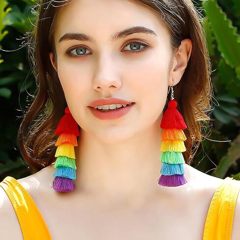 Rainbow Pride Earrings for Women Handmade Layered Long Tassel LGBT Earrings Dangle Bohemian Colorful Pride Month Parade Accessories Stuff LGBTQ Gift in Kuwait
