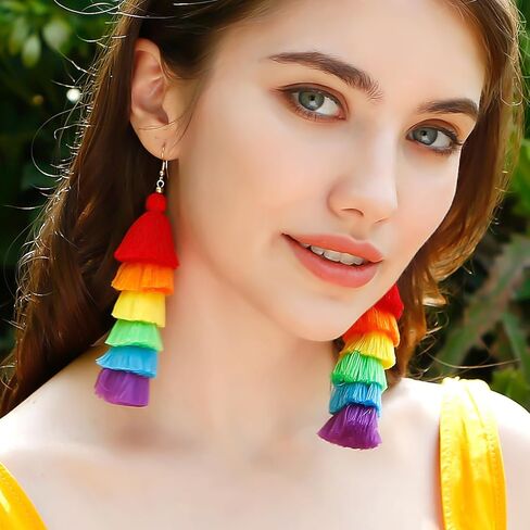 Rainbow Pride Earrings for Women Handmade Layered Long Tassel LGBT Earrings Dangle Bohemian Colorful Pride Month Parade Accessories Stuff LGBTQ Gift in Kuwait