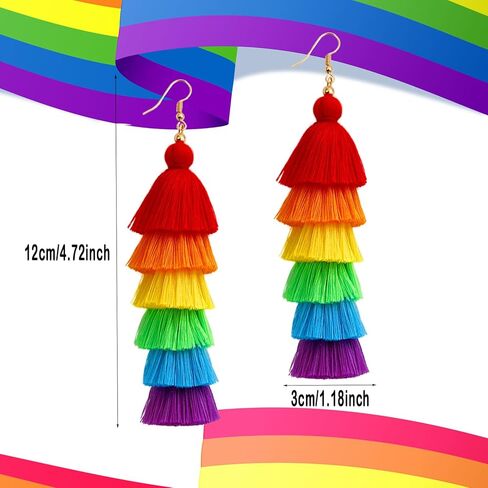 Rainbow Pride Earrings for Women Handmade Layered Long Tassel LGBT Earrings Dangle Bohemian Colorful Pride Month Parade Accessories Stuff LGBTQ Gift in Kuwait