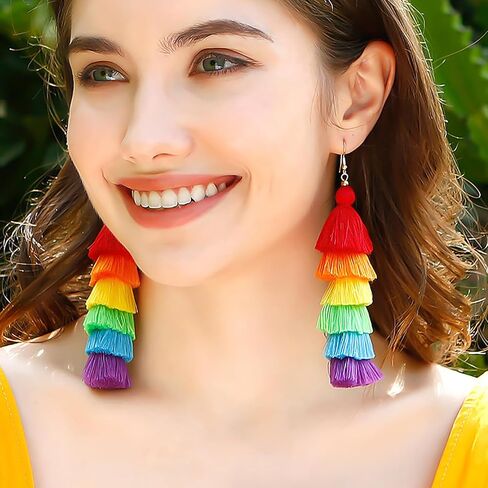 Rainbow Pride Earrings for Women Handmade Layered Long Tassel LGBT Earrings Dangle Bohemian Colorful Pride Month Parade Accessories Stuff LGBTQ Gift in Kuwait