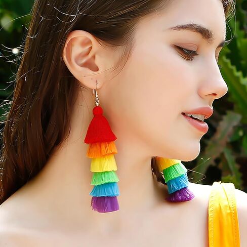 Rainbow Pride Earrings for Women Handmade Layered Long Tassel LGBT Earrings Dangle Bohemian Colorful Pride Month Parade Accessories Stuff LGBTQ Gift in Kuwait