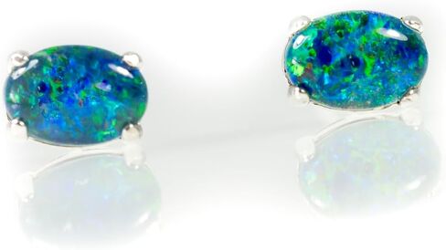 Australian Triplet Opal Earrings - Genuine Triplet Opal Earrings in White Gold Plated on Sterling Silver - Blue Green Simple Design Women's Jewelry in Saudi Arabia