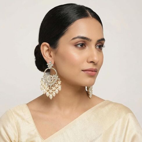 I Jewels Gold Plated Indian Wedding Bollywood Handcrafted Kundan Pearl Chandbali Dangle Earrings for Women (E3222W) in Saudi Arabia