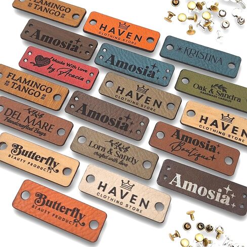 Small Customized 1.5 x 0.5 in Faux Leather Product Tags with Rivets, Personalized Tags for Knitting and Crochet, Perfect for Handmade Hats Beanies Scarves & More in Kuwait