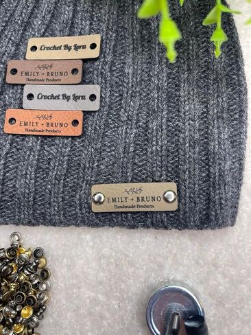 Small Customized 1.5 x 0.5 in Faux Leather Product Tags with Rivets, Personalized Tags for Knitting and Crochet, Perfect for Handmade Hats Beanies Scarves & More in Kuwait