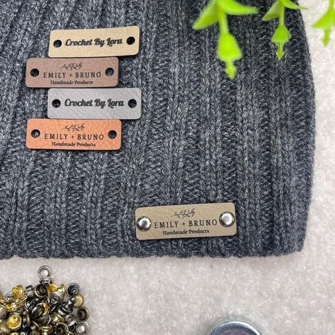 Small Customized 1.5 x 0.5 in Faux Leather Product Tags with Rivets, Personalized Tags for Knitting and Crochet, Perfect for Handmade Hats Beanies Scarves & More in Kuwait