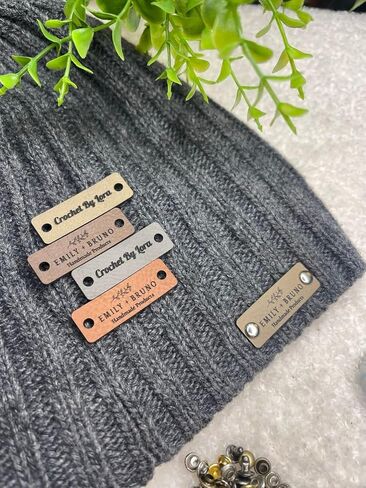Small Customized 1.5 x 0.5 in Faux Leather Product Tags with Rivets, Personalized Tags for Knitting and Crochet, Perfect for Handmade Hats Beanies Scarves & More in Kuwait