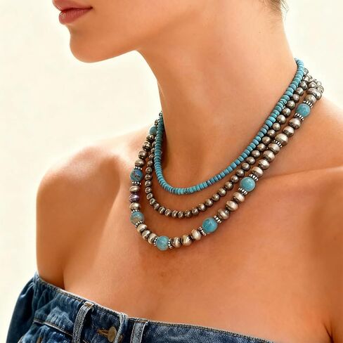 Navajo Pearl Necklace Earrings Set Western Turquoise Jewelry for Women Navajo Pearl Beaded Necklace for Nashville Outfit Western Dress Country Concert Accessories Gifts in Saudi Arabia