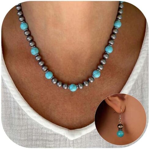 Navajo Pearl Necklace Earrings Set Western Turquoise Jewelry for Women Navajo Pearl Beaded Necklace for Nashville Outfit Western Dress Country Concert Accessories Gifts in Saudi Arabia