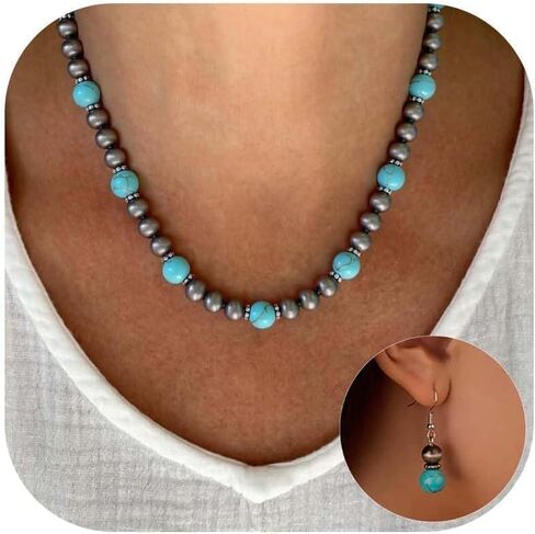 Navajo Pearl Necklace Earrings Set Western Turquoise Jewelry for Women Navajo Pearl Beaded Necklace for Nashville Outfit Western Dress Country Concert Accessories Gifts in Saudi Arabia