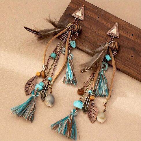 Boho Feather Tassel Earrings for Women, Turquoise Beaded Tribal Dangle Long Drop Earring Vintage Ethnic Shell Statement Jewelry Gift in Saudi Arabia