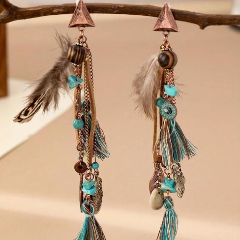 Boho Feather Tassel Earrings for Women, Turquoise Beaded Tribal Dangle Long Drop Earring Vintage Ethnic Shell Statement Jewelry Gift in Saudi Arabia