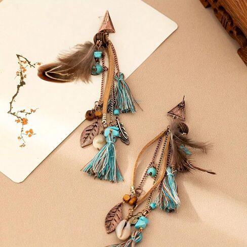 Boho Feather Tassel Earrings for Women, Turquoise Beaded Tribal Dangle Long Drop Earring Vintage Ethnic Shell Statement Jewelry Gift in Saudi Arabia